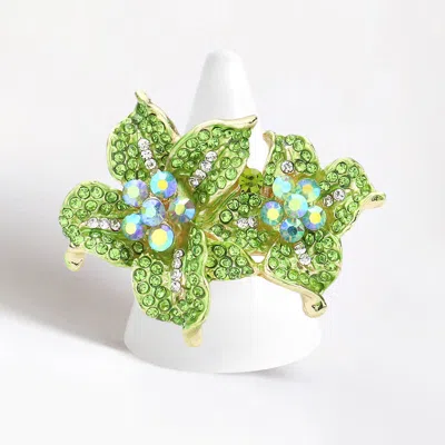 Fashnzfab Rhinestone Crystal Bloom Flower Stretch Ring In Green