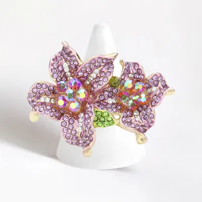 Fashnzfab Rhinestone Crystal Bloom Flower Stretch Ring In Purple