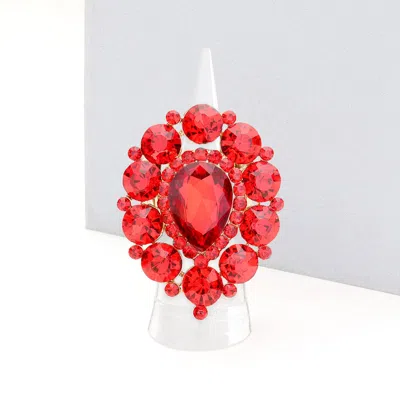 Fashnzfab Rhinestone Crystal Cluster Teardrop Stretch Ring In Red