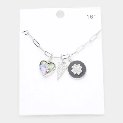 Fashnzfab Rhinestone Embellished Abalone Heart Triangle Quatrefoil Pendant Necklace In White