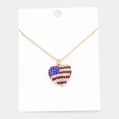 Fashnzfab Rhinestone Embellished American Usa Flag Heart Pendant Necklace - Gold