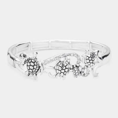 Fashnzfab Rhinestone Embellished Antique Metal Turtle Stretch Bracelet Antique Silver In Metallic