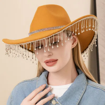 Fashnzfab Rhinestone Embellished Band Pointed Rhinestone Stone Paved Fringe Around Cowboy Western Hat In Green