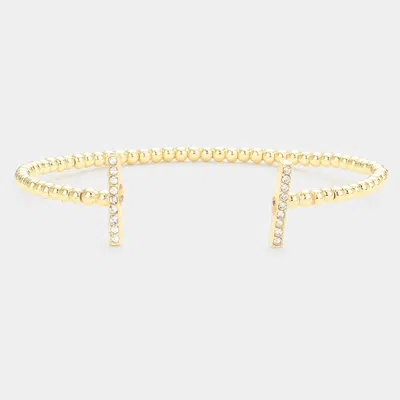 Fashnzfab Rhinestone Embellished Bar Tip Cuff Bracelet Gold