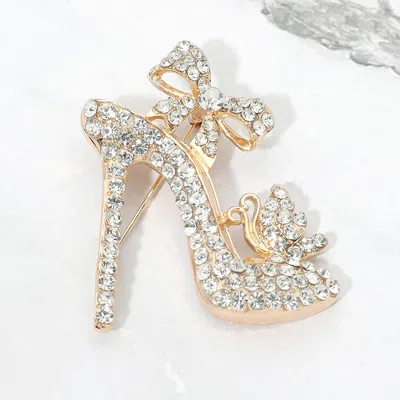Fashnzfab Rhinestone Embellished Bow Accent High Heel Pin Brooch In Gold