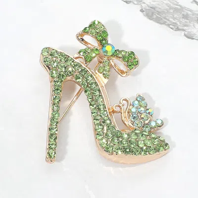 Fashnzfab Rhinestone Embellished Bow Accent High Heel Pin Brooch In Pink
