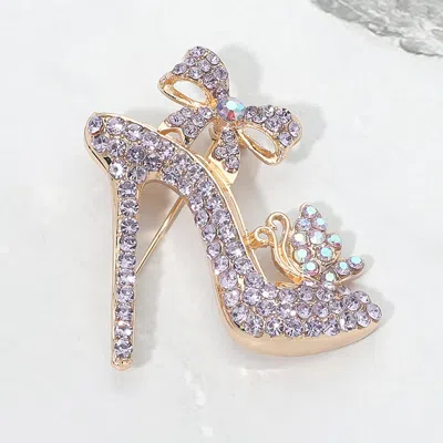 Fashnzfab Rhinestone Embellished Bow Accent High Heel Pin Brooch In Purple