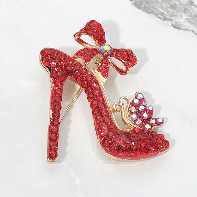 Fashnzfab Rhinestone Embellished Bow Accent High Heel Pin Brooch In Red