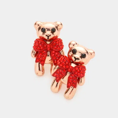 Fashnzfab Rhinestone Embellished Bow Bear Stud Earrings - Red In Gold