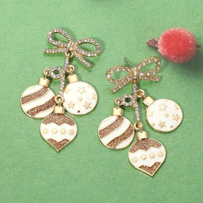Fashnzfab Rhinestone Embellished Bow Christmas Ornament Drop Earrings In Gold