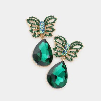 Fashnzfab Rhinestone Embellished Butterfly Teardrop Stone Link Dangle Evening Earrings In Green
