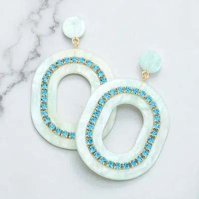 Fashnzfab Rhinestone Embellished Celluloid Acetate Open Oval Dangle Earrings In Blue