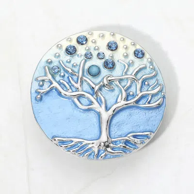 Fashnzfab Rhinestone Embellished Colored Metal Tree Of Life Round Magnetic Brooch In Blue