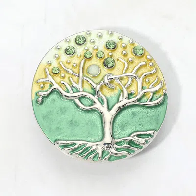 Fashnzfab Rhinestone Embellished Colored Metal Tree Of Life Round Magnetic Brooch In Green
