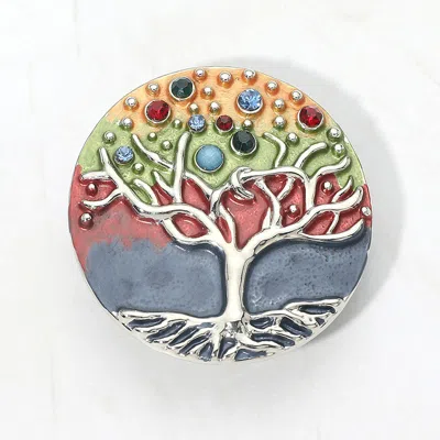 Fashnzfab Rhinestone Embellished Colored Metal Tree Of Life Round Magnetic Brooch In Multi