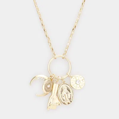Fashnzfab Rhinestone Embellished Crescent Moon Pinky Promise Virgin Mary Pendant Long Necklace In Gold
