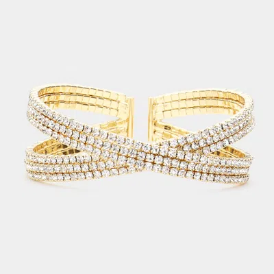 Fashnzfab Rhinestone Embellished Crisscross Cuff Evening Bracelet In Brown