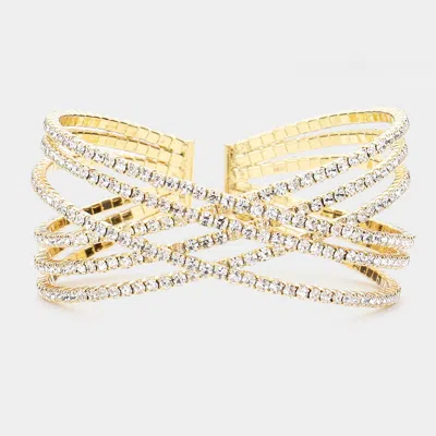 Fashnzfab Rhinestone Embellished Crisscross Cuff Evening Bracelet In Gold