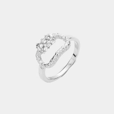 Fashnzfab Rhinestone Embellished Curved Open Oval Ring In Metallic
