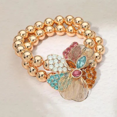 Fashnzfab Rhinestone Embellished Cutout Petal Flower Accent Double Strand Beaded Stretch Bracelet In Gold