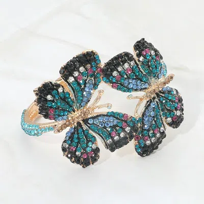 Fashnzfab Rhinestone Embellished Double Butterfly Hinged Bangle Bracelet In Blue