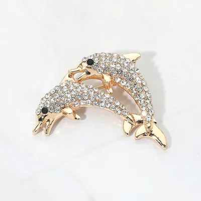 Fashnzfab Rhinestone Embellished Double Dolphin Pin Brooch In Silver