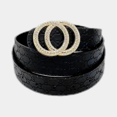 Fashnzfab Rhinestone Embellished Double Open Circle Link Buckle Accented Faux Leather Belt In Black