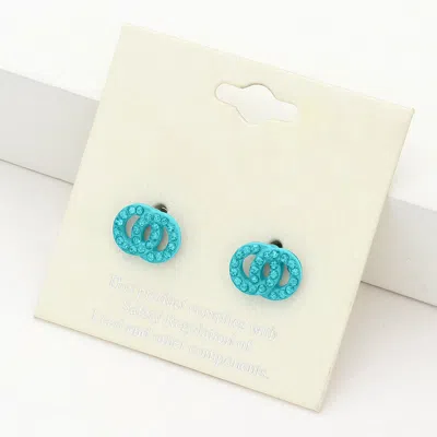 Fashnzfab Rhinestone Embellished Double Open Circle Link Stud Earrings - Blue Zircon, Teal