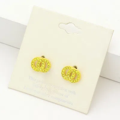 Fashnzfab Rhinestone Embellished Double Open Circle Link Stud Earrings - Yellow