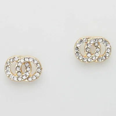 Fashnzfab Rhinestone Embellished Double Open Circle Link Stud Earrings In Silver