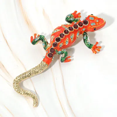 Fashnzfab Rhinestone Embellished Enamel Lizard Statement Pin Brooch In Orange