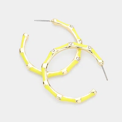Fashnzfab Rhinestone Embellished Enamel Metal Hoop Earrings - Yellow