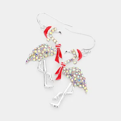 Fashnzfab Rhinestone Embellished Enamel Metal Santa Hat Flamingo Dangle Earrings - Ab, Silver
