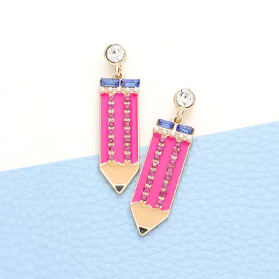 Fashnzfab Rhinestone Embellished Enamel Pencil Dangle Earrings - Fuchsia In Pink