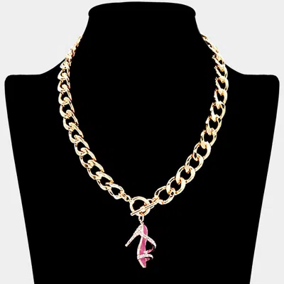 Fashnzfab Rhinestone Embellished Enamel Stiletto Heel Pendant Toggle Necklace In Pink