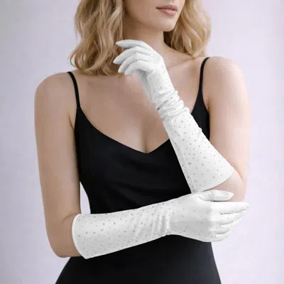Fashnzfab Rhinestone Embellished Evening Long Gloves In White
