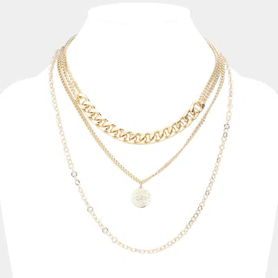 Fashnzfab Rhinestone Embellished Evil Eye Metal Disc Pendant Triple Layered Necklace In Gold