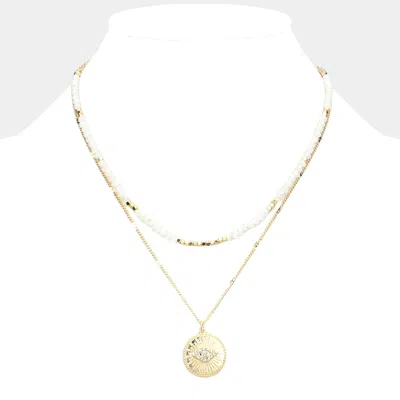 Fashnzfab Rhinestone Embellished Evil Eye Metal Round Pendant Double Layered Necklace In Gold