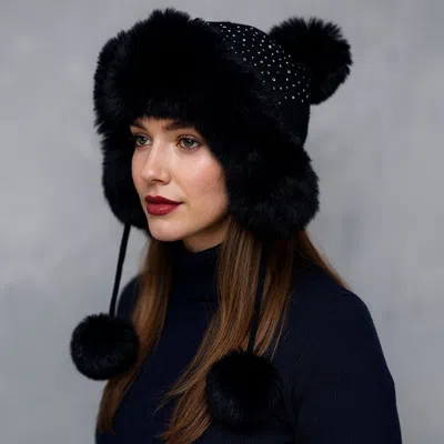 Fashnzfab Rhinestone Embellished Faux Fur Ear Flap Pom Pom Winter Trapper Hat In Black