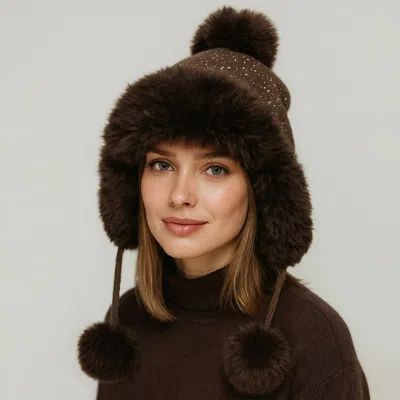 Fashnzfab Rhinestone Embellished Faux Fur Ear Flap Pom Pom Winter Trapper Hat In Brown