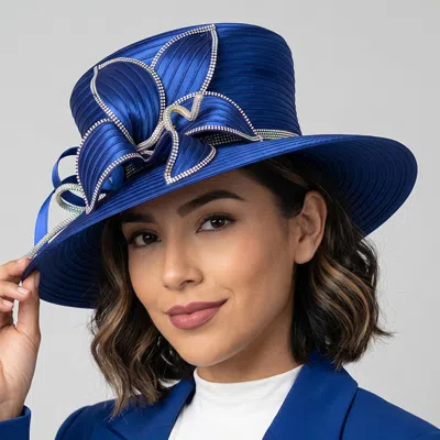 Fashnzfab Rhinestone Embellished Floral Accent Wide Brim Statement Dressy Hat In Blue