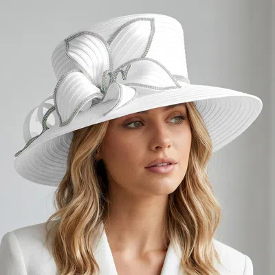 Fashnzfab Rhinestone Embellished Floral Accent Wide Brim Statement Dressy Hat In White
