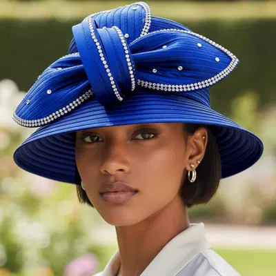 Fashnzfab Rhinestone Embellished Floral Bow Accent Wide Brim Statement Dressy Hat In Blue