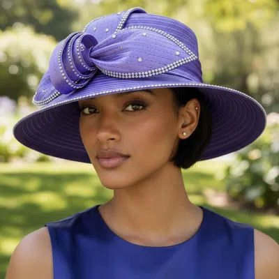 Fashnzfab Rhinestone Embellished Floral Bow Accent Wide Brim Statement Dressy Hat In Purple