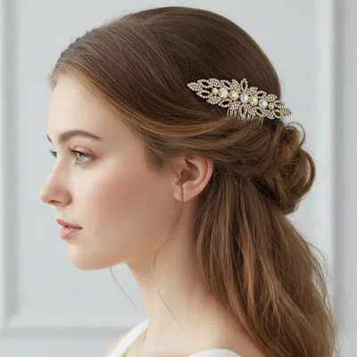 Fashnzfab Rhinestone Embellished Floral Hair Comb In Gold