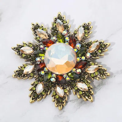 Fashnzfab Rhinestone Embellished Floral Starburst Pin Brooch In Brown