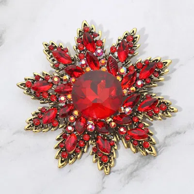 Fashnzfab Rhinestone Embellished Floral Starburst Pin Brooch In Red