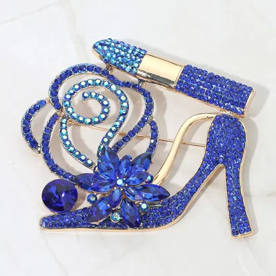Fashnzfab Rhinestone Embellished Flower Accent Glam High Heel Lipstick Pin Brooch In Blue