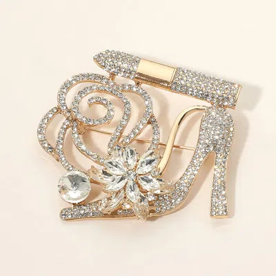 Fashnzfab Rhinestone Embellished Flower Accent Glam High Heel Lipstick Pin Brooch In Gold