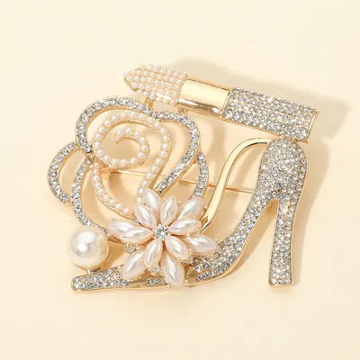Fashnzfab Rhinestone Embellished Flower Accent Glam High Heel Lipstick Pin Brooch In Multi